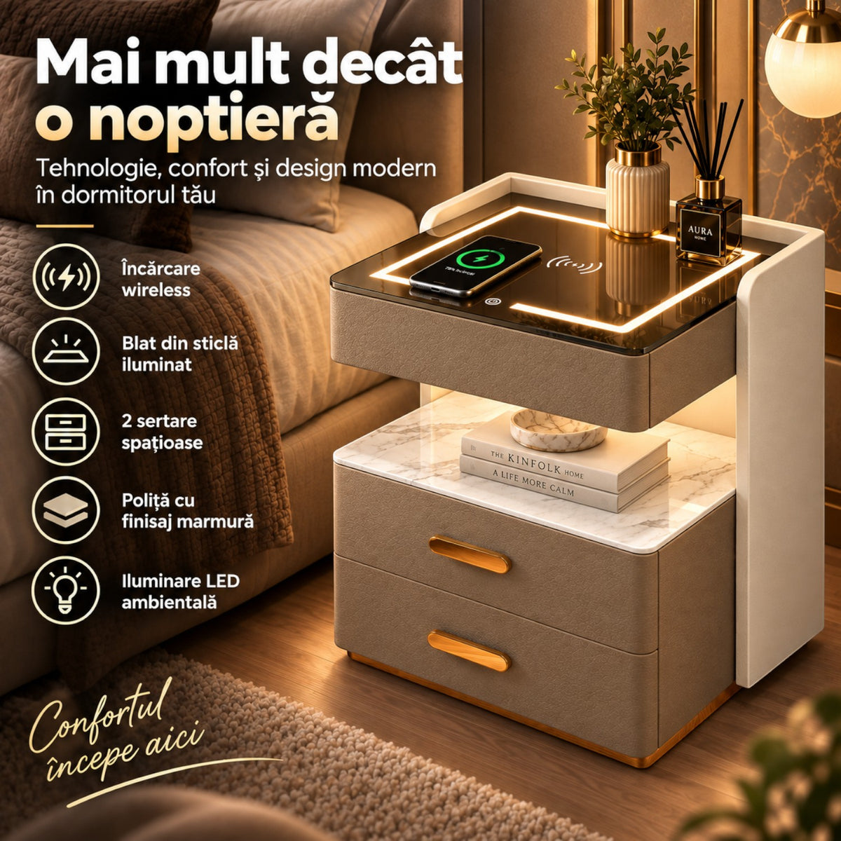 Noptiera Multifunctionala cu 2 Sertare, Spatiu de Depozitare, Blat din Piatra Sinterizata, Incarcare Wireless, Boxa Bluetooth, Port USB, Lumina de Noapte cu Senzor, 56x40x50cm