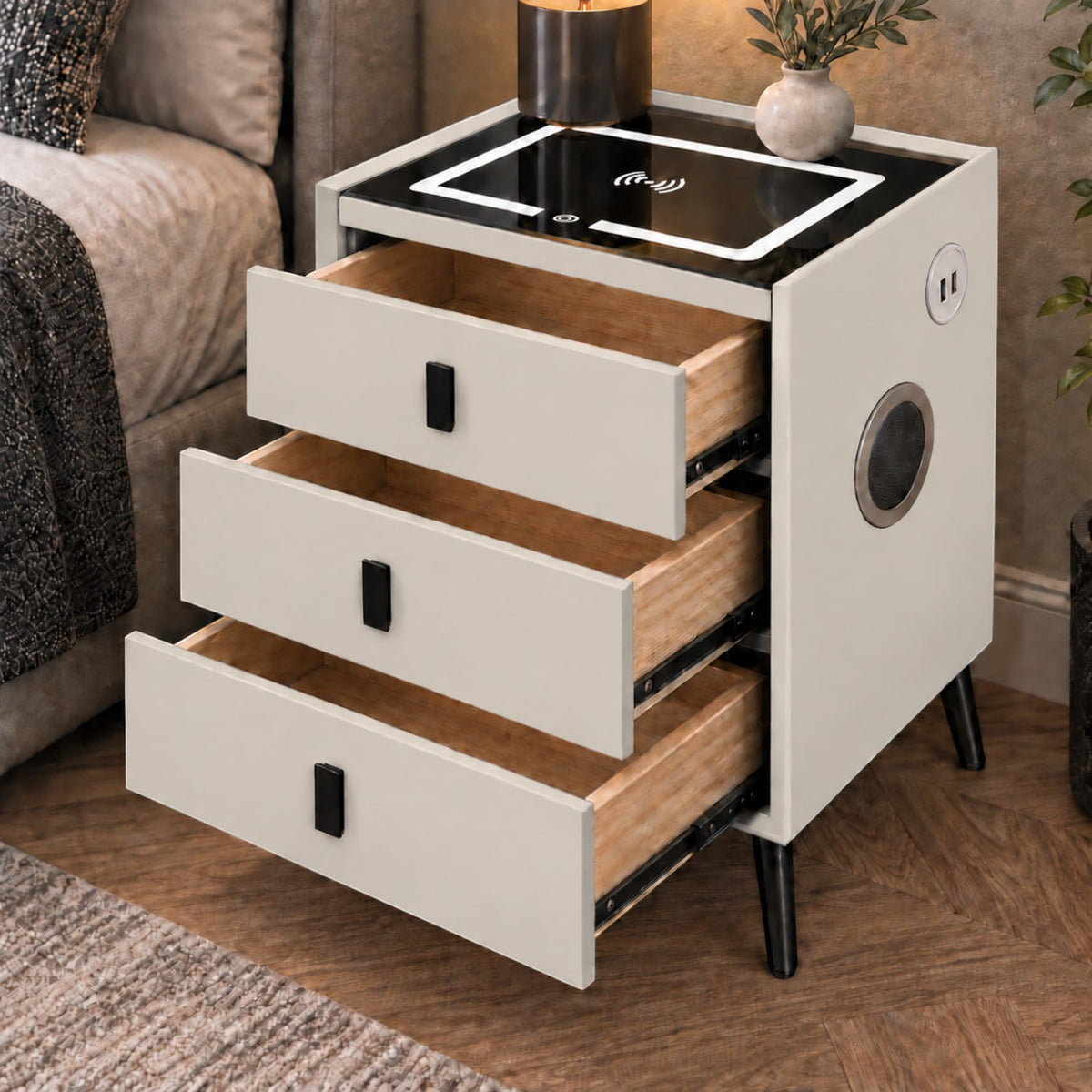 Noptiera Multifunctionala cu 3 Sertare, Incarcare Wireless si Boxa Bluetooth, Afisaj LED Tactil cu 3 Culori si 2 Porturi USB, 45x40x60cm