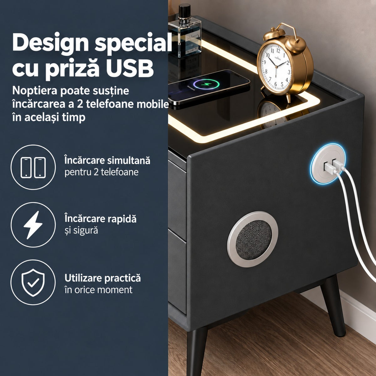 Noptiera Multifunctionala cu 2 Sertare, Incarcare Wireless si Boxa Bluetooth, Afisaj LED Tactil cu 3 Culori si 2 Porturi USB, 50x40x46cm