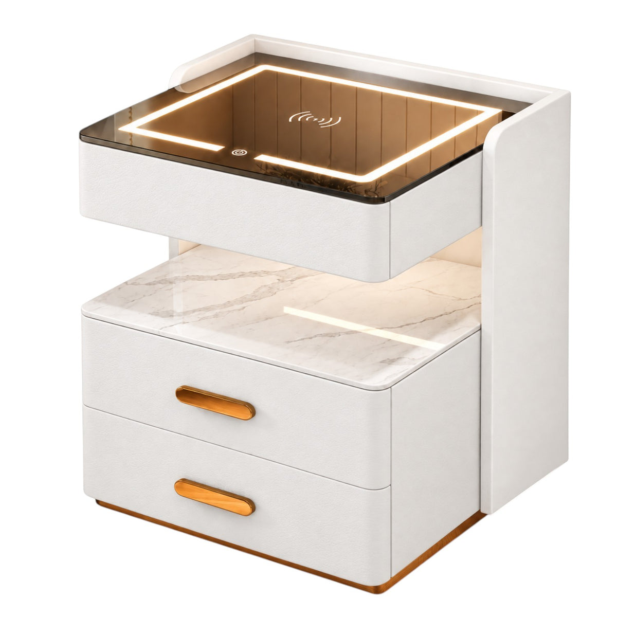 Noptiera Multifunctionala cu 2 Sertare, Spatiu de Depozitare, Blat din Piatra Sinterizata, Incarcare Wireless, Boxa Bluetooth, Port USB, Lumina de Noapte cu Senzor, 56x40x50cm