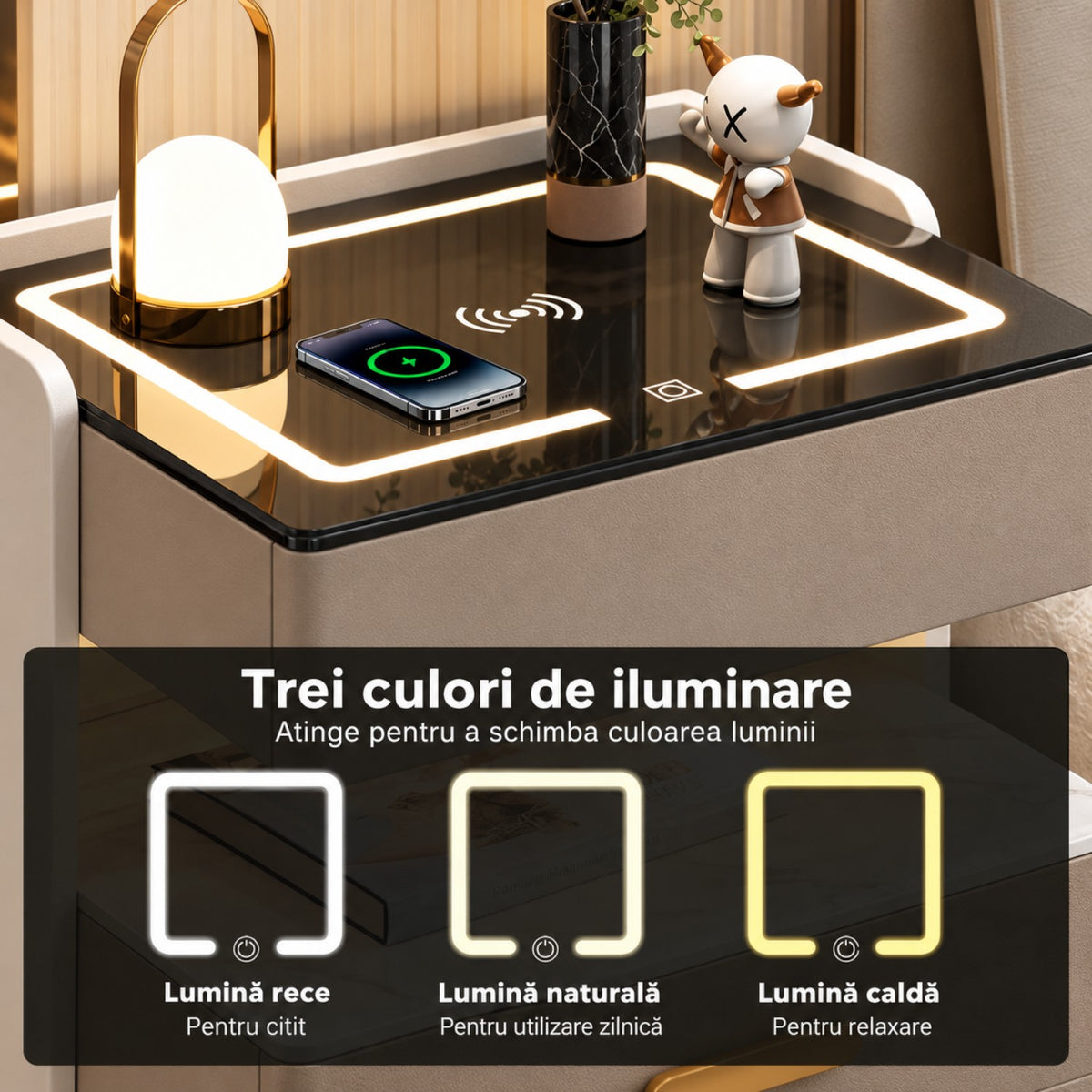 Noptiera Multifunctionala cu 2 Sertare, Spatiu de Depozitare, Blat din Piatra Sinterizata, Incarcare Wireless, Boxa Bluetooth, Port USB, Lumina de Noapte cu Senzor, 56x40x50cm