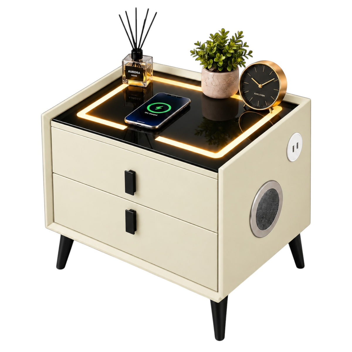 Noptiera Multifunctionala cu 2 Sertare, Incarcare Wireless si Boxa Bluetooth, Afisaj LED Tactil cu 3 Culori si 2 Porturi USB, 50x40x46cm