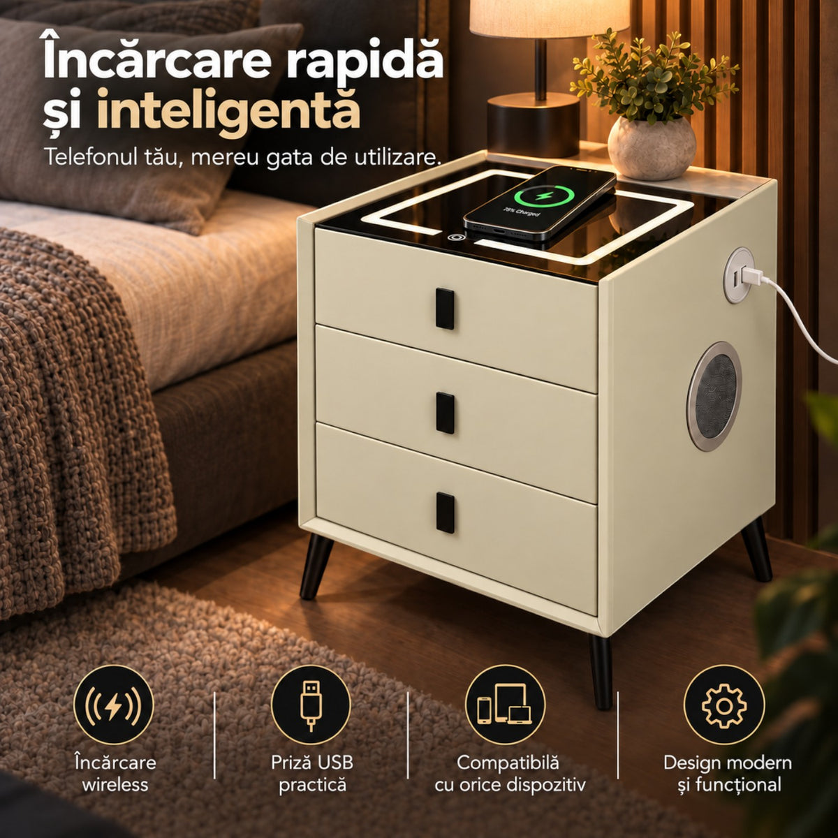 Noptiera Multifunctionala cu 3 Sertare, Incarcare Wireless si Boxa Bluetooth, Afisaj LED Tactil cu 3 Culori si 2 Porturi USB, 45x40x60cm