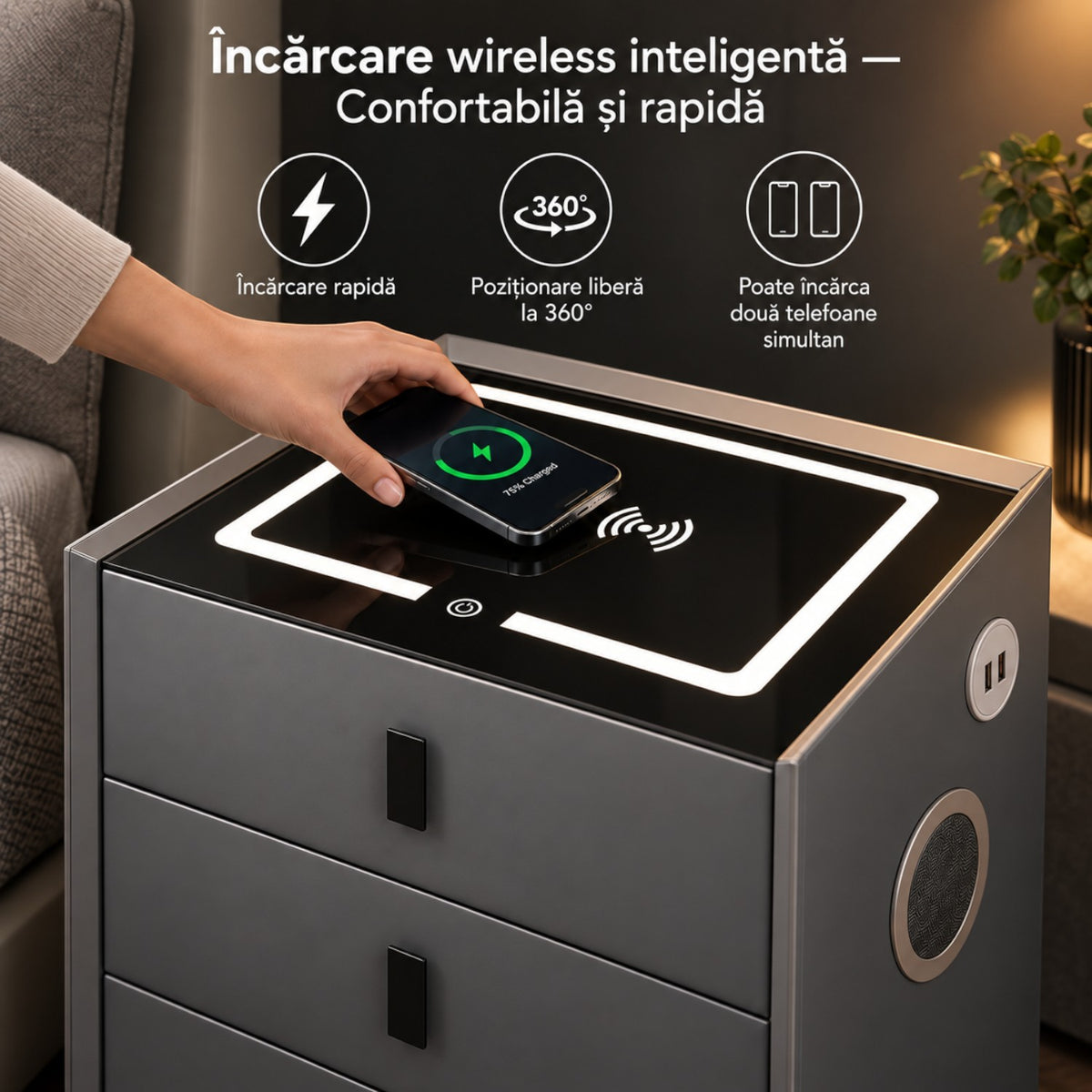 Noptiera Multifunctionala cu 3 Sertare, Incarcare Wireless si Boxa Bluetooth, Afisaj LED Tactil cu 3 Culori si 2 Porturi USB, 45x40x60cm