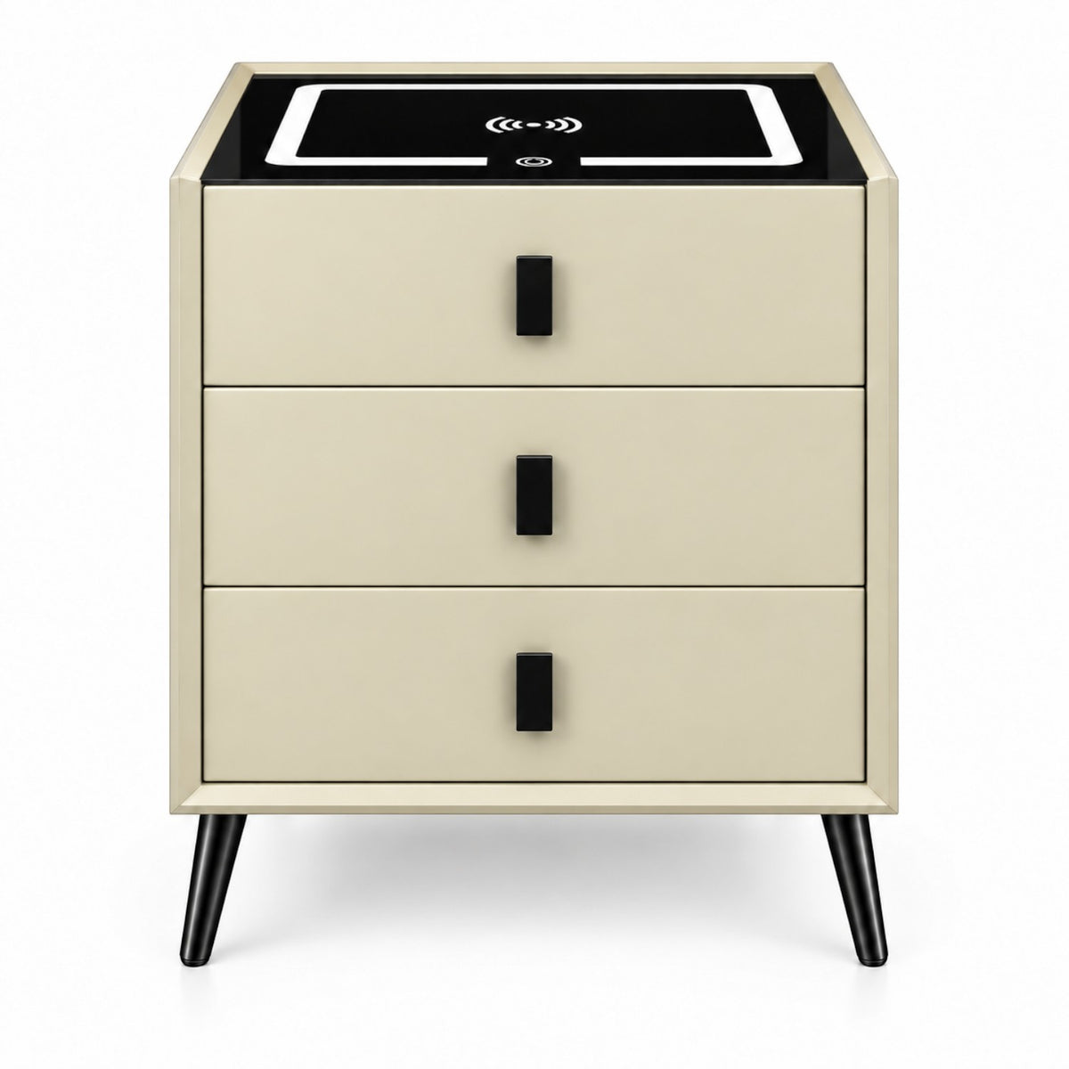 Noptiera Multifunctionala cu 3 Sertare, Incarcare Wireless si Boxa Bluetooth, Afisaj LED Tactil cu 3 Culori si 2 Porturi USB, 45x40x60cm