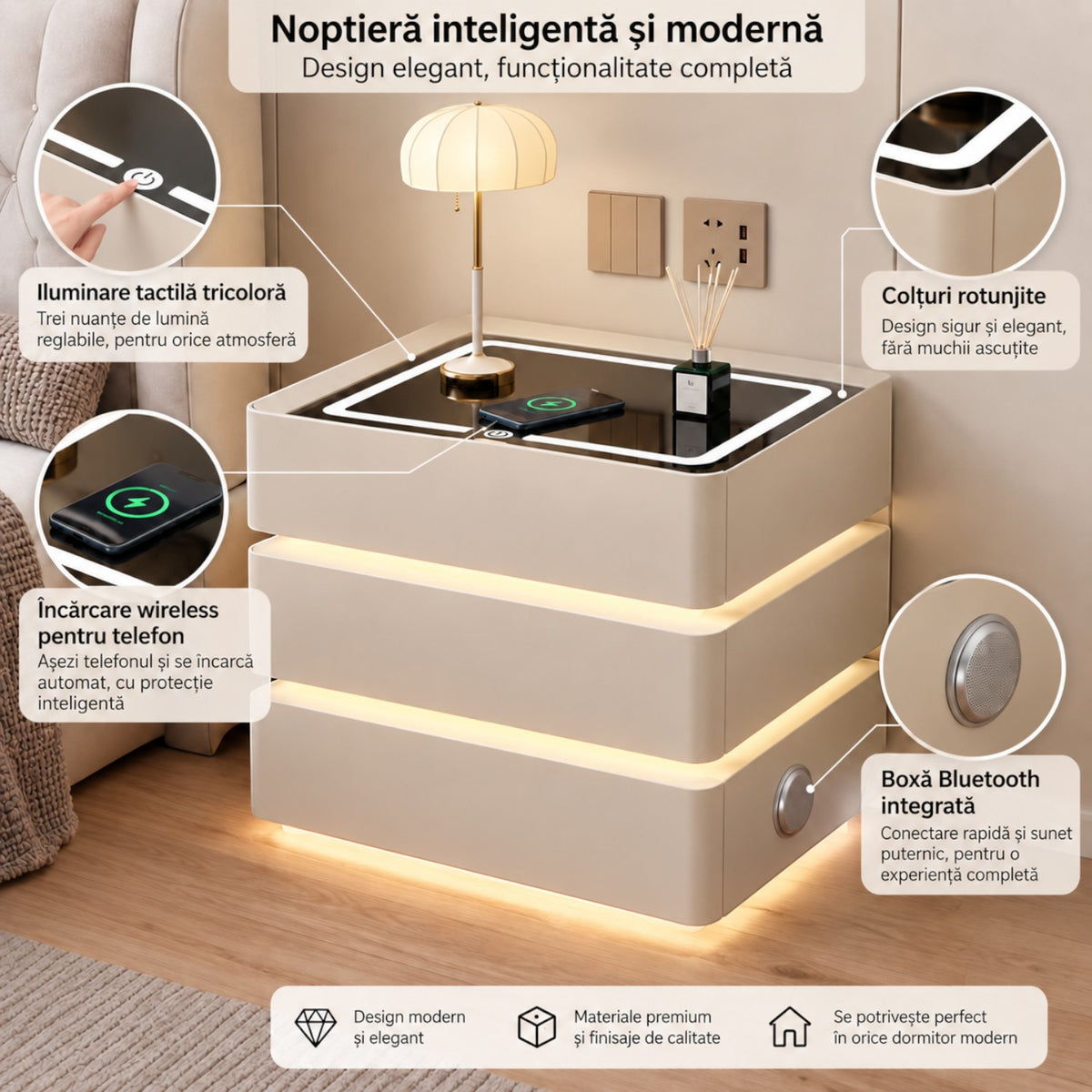 Noptiera Multifunctionala cu 3 Sertare, Design Suspendat, Incarcare Wireless si Boxa Bluetooth, Iluminare LED Ambientala Tricolora, 50x40x72cm