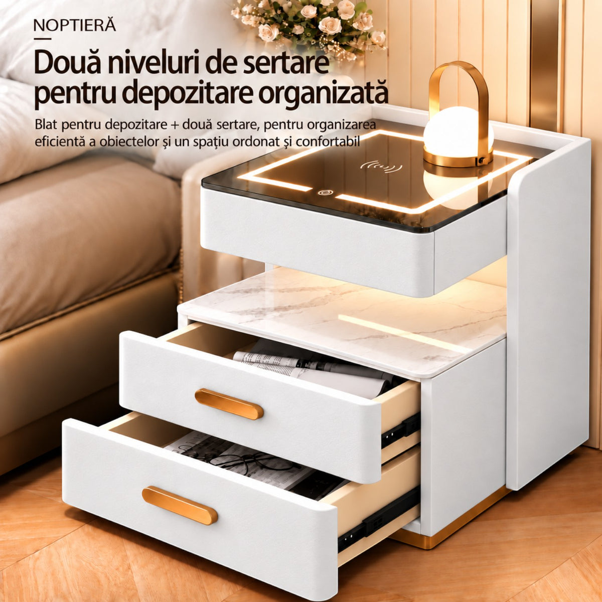Noptiera Multifunctionala cu 2 Sertare, Spatiu de Depozitare, Blat din Piatra Sinterizata, Incarcare Wireless, Boxa Bluetooth, Port USB, Lumina de Noapte cu Senzor, 56x40x50cm