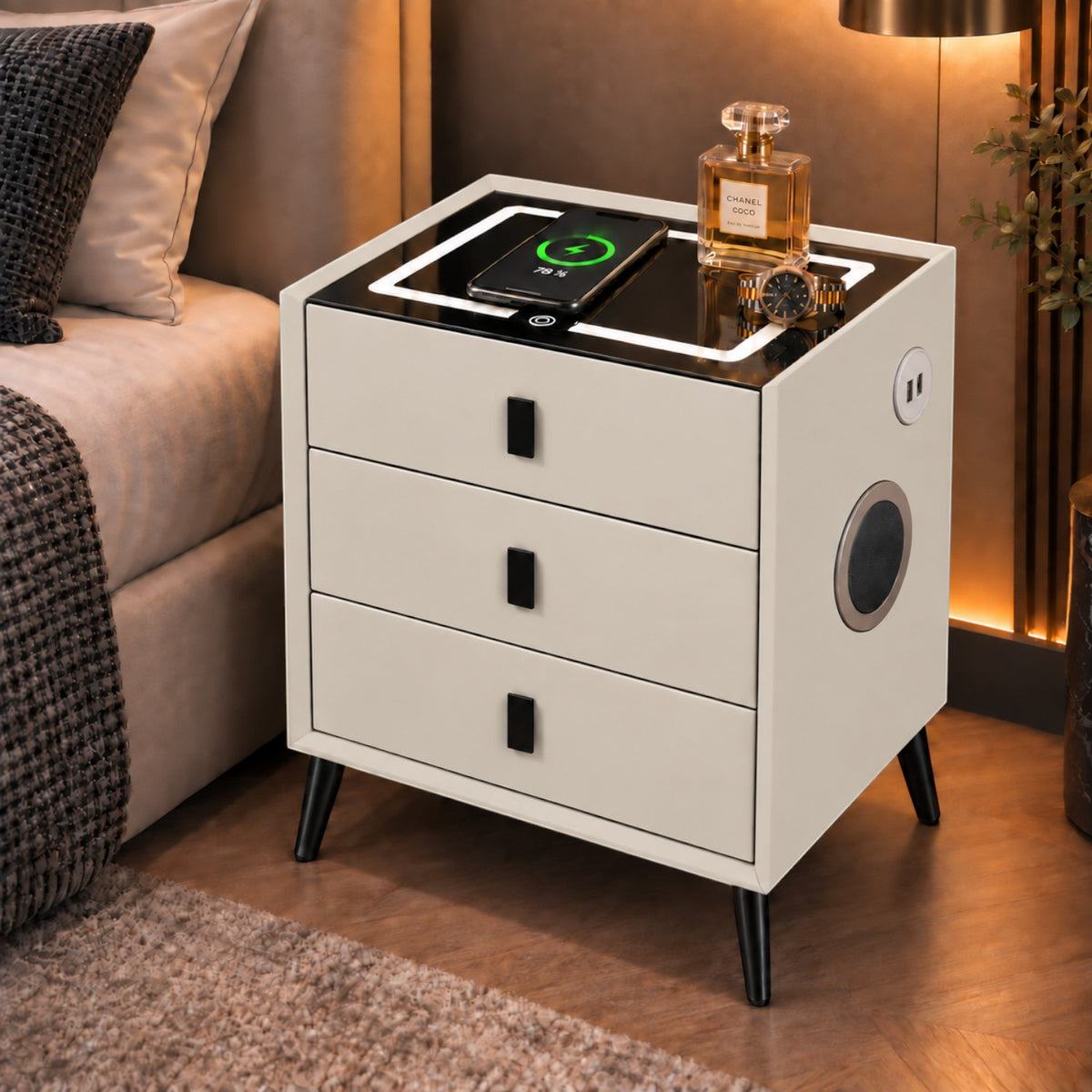 Noptiera Multifunctionala cu 3 Sertare, Incarcare Wireless si Boxa Bluetooth, Afisaj LED Tactil cu 3 Culori si 2 Porturi USB, 45x40x60cm