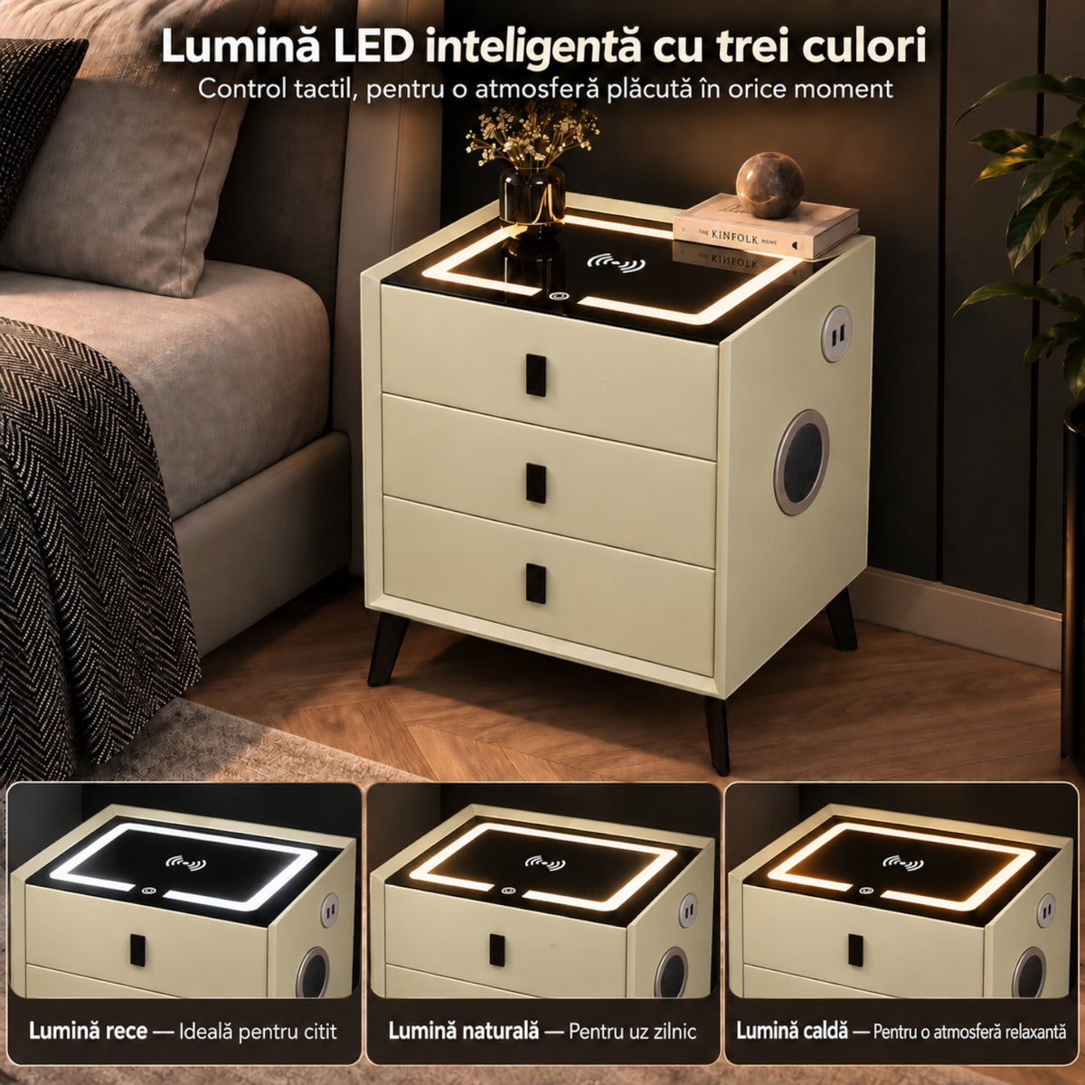Noptiera Multifunctionala cu 3 Sertare, Incarcare Wireless si Boxa Bluetooth, Afisaj LED Tactil cu 3 Culori si 2 Porturi USB, 45x40x60cm