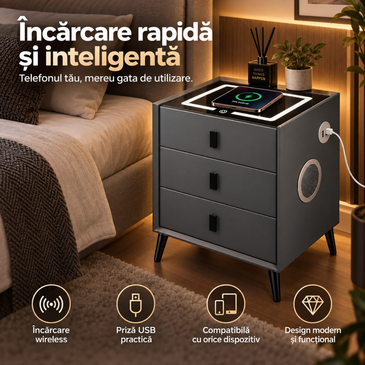 Noptiera Multifunctionala cu 3 Sertare, Incarcare Wireless si Boxa Bluetooth, Afisaj LED Tactil cu 3 Culori si 2 Porturi USB, 45x40x60cm