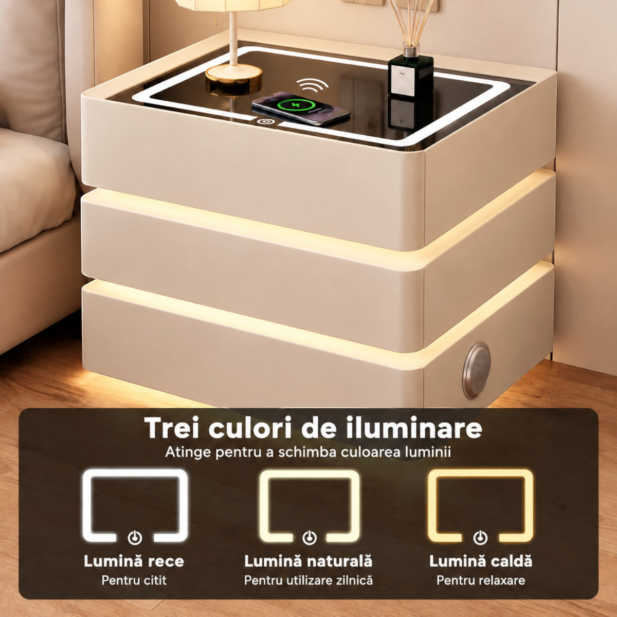Noptiera Multifunctionala cu 3 Sertare, Design Suspendat, Incarcare Wireless si Boxa Bluetooth, Iluminare LED Ambientala Tricolora, 50x40x72cm