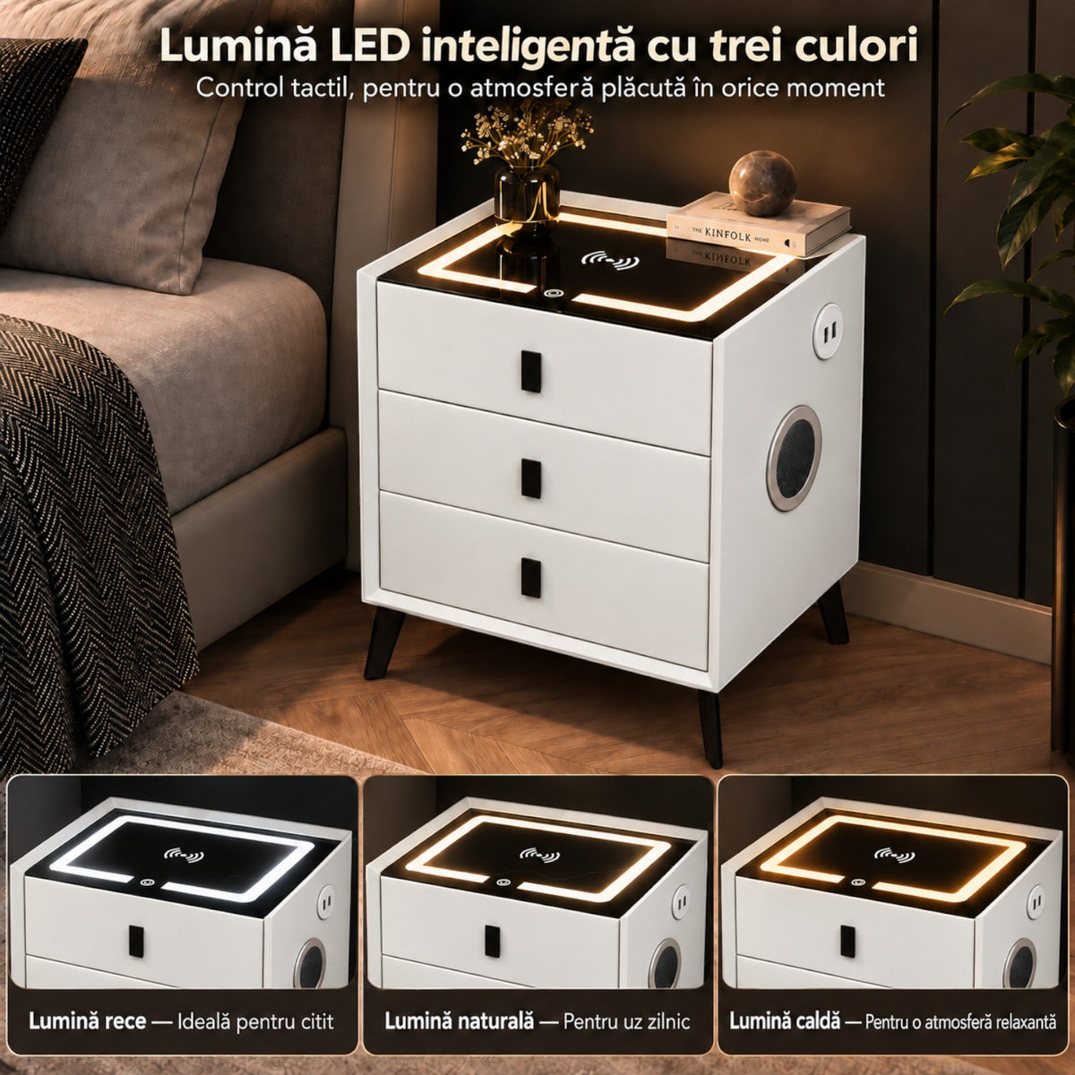 Noptiera Multifunctionala cu 3 Sertare, Incarcare Wireless si Boxa Bluetooth, Afisaj LED Tactil cu 3 Culori si 2 Porturi USB, 45x40x60cm