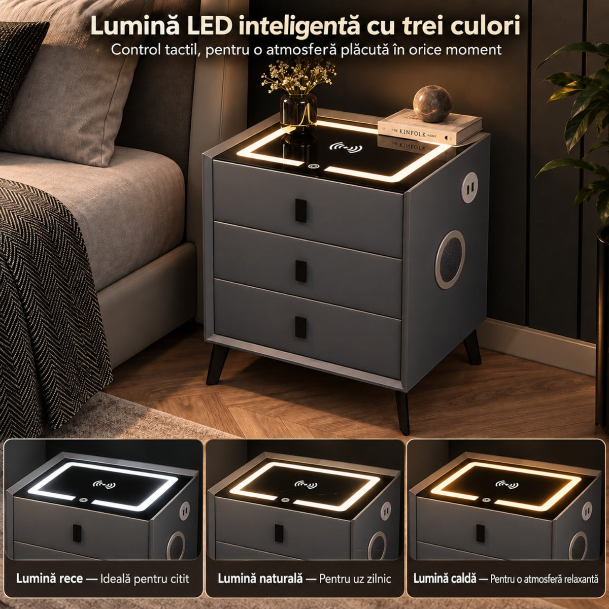 Noptiera Multifunctionala cu 3 Sertare, Incarcare Wireless si Boxa Bluetooth, Afisaj LED Tactil cu 3 Culori si 2 Porturi USB, 45x40x60cm
