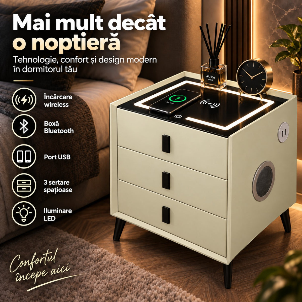 Noptiera Multifunctionala cu 3 Sertare, Incarcare Wireless si Boxa Bluetooth, Afisaj LED Tactil cu 3 Culori si 2 Porturi USB, 45x40x60cm