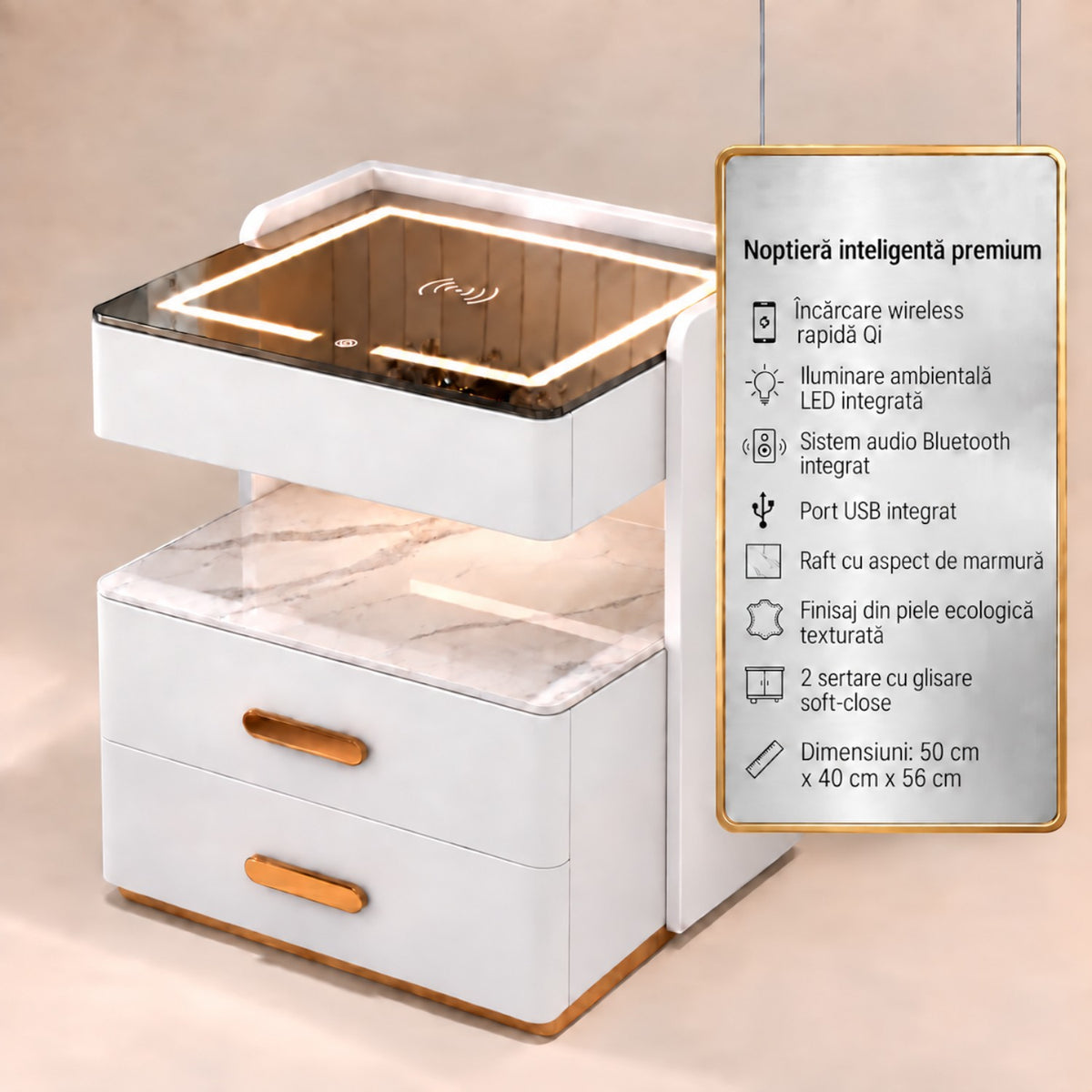 Noptiera Multifunctionala cu 2 Sertare, Spatiu de Depozitare, Blat din Piatra Sinterizata, Incarcare Wireless, Boxa Bluetooth, Port USB, Lumina de Noapte cu Senzor, 56x40x50cm