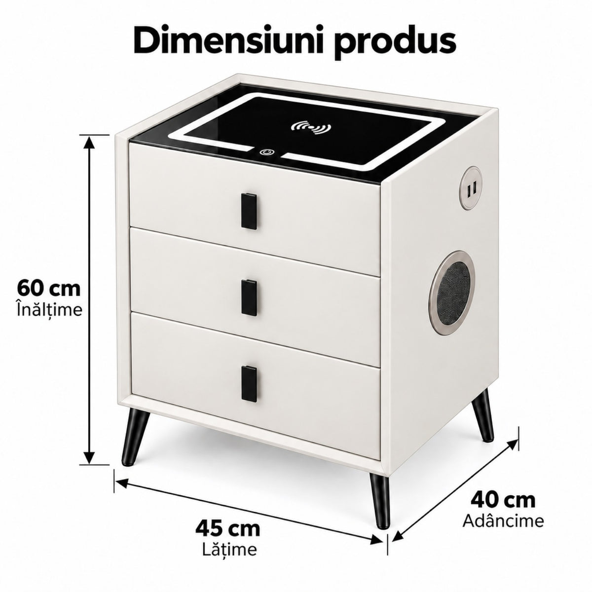 Noptiera Multifunctionala cu 3 Sertare, Incarcare Wireless si Boxa Bluetooth, Afisaj LED Tactil cu 3 Culori si 2 Porturi USB, 45x40x60cm