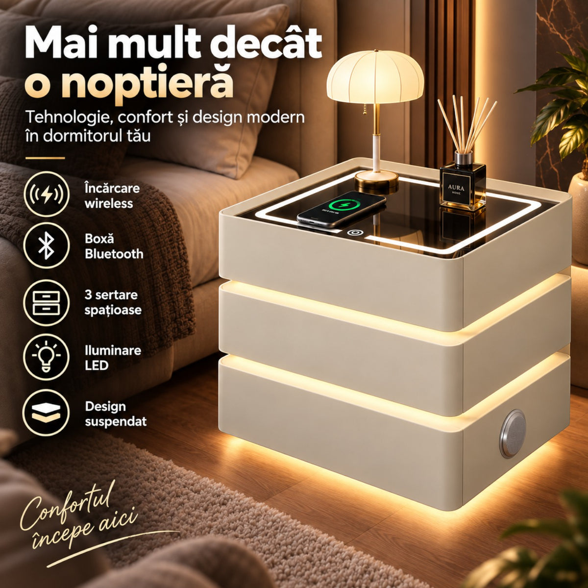 Noptiera Multifunctionala cu 3 Sertare, Design Suspendat, Incarcare Wireless si Boxa Bluetooth, Iluminare LED Ambientala Tricolora, 50x40x72cm