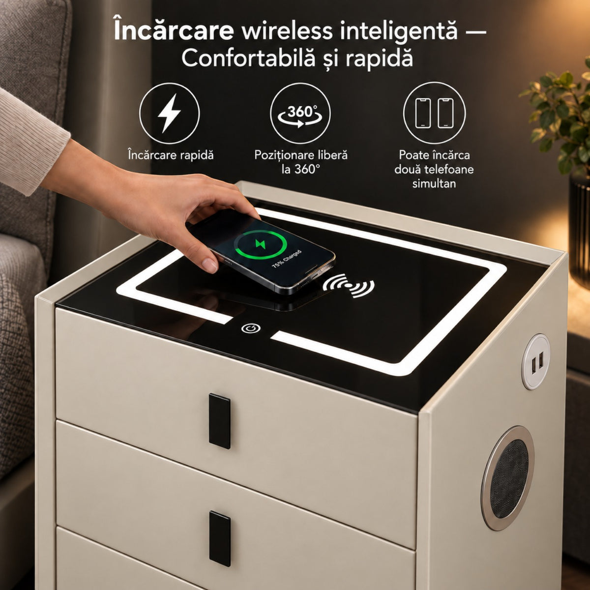 Noptiera Multifunctionala cu 3 Sertare, Incarcare Wireless si Boxa Bluetooth, Afisaj LED Tactil cu 3 Culori si 2 Porturi USB, 45x40x60cm