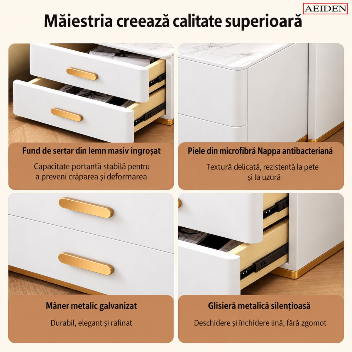 Noptiera Multifunctionala cu 2 Sertare, Spatiu de Depozitare, Blat din Piatra Sinterizata, Incarcare Wireless, Boxa Bluetooth, Port USB, Lumina de Noapte cu Senzor, 56x40x50cm