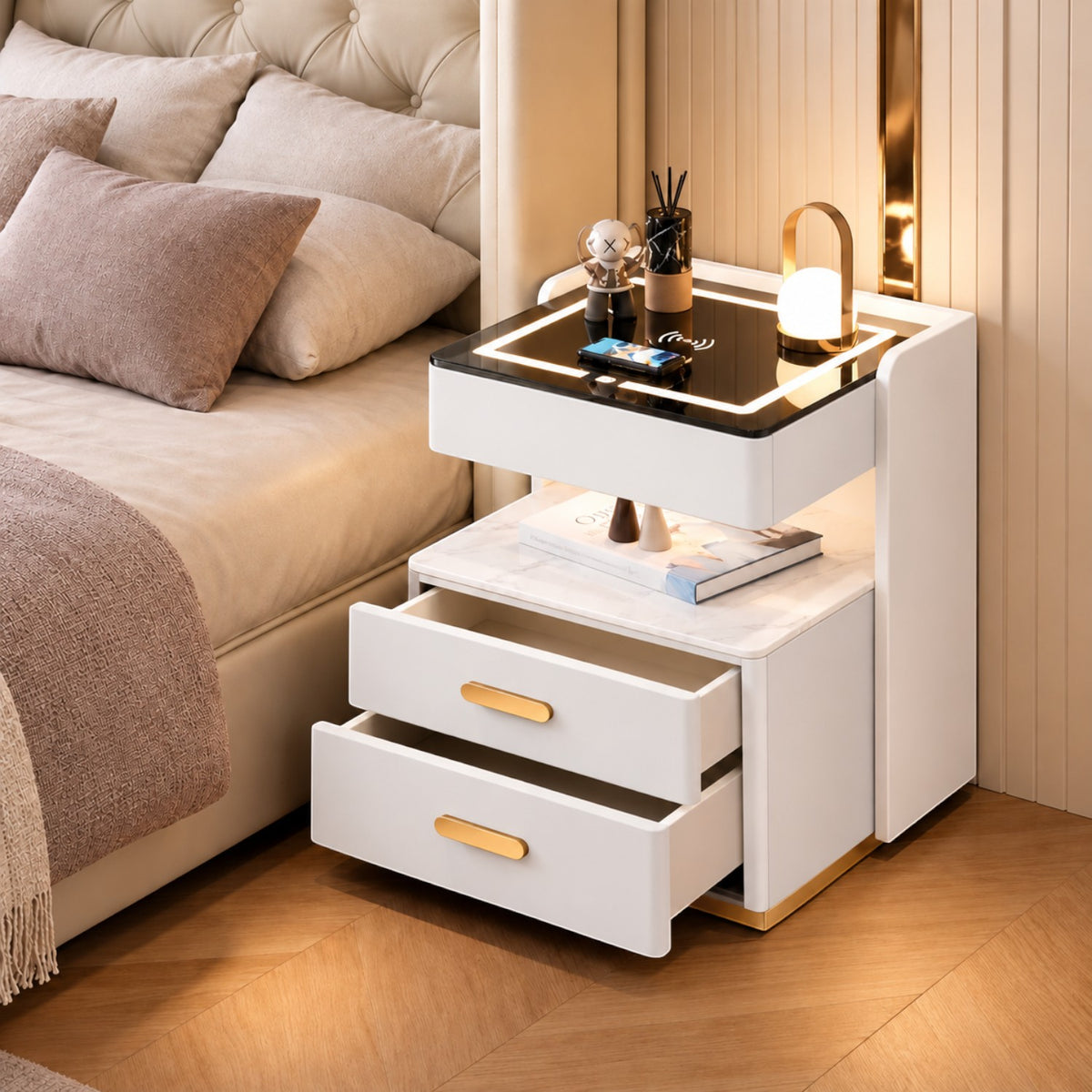 Noptiera Multifunctionala cu 2 Sertare, Spatiu de Depozitare, Blat din Piatra Sinterizata, Incarcare Wireless, Boxa Bluetooth, Port USB, Lumina de Noapte cu Senzor, 56x40x50cm