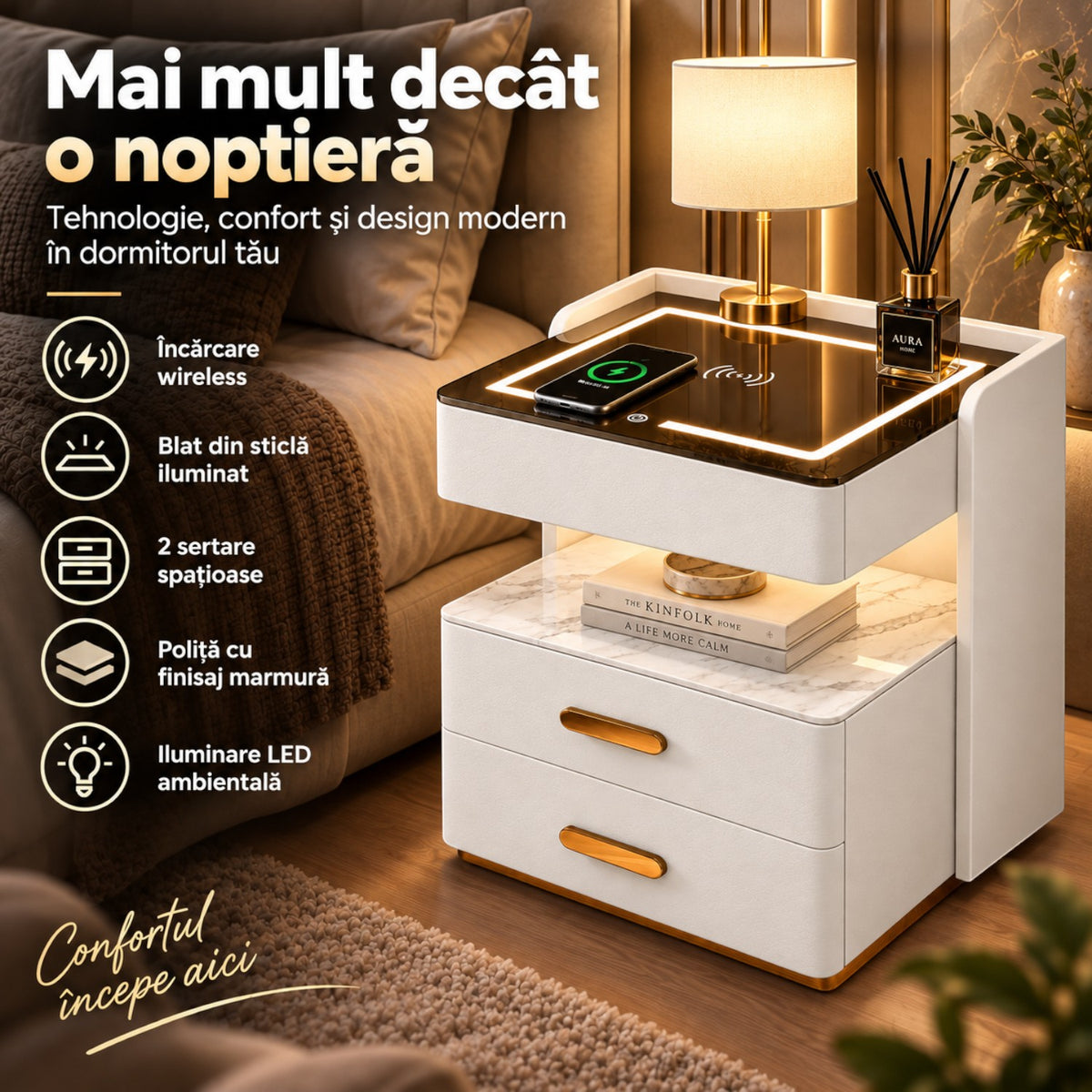 Noptiera Multifunctionala cu 2 Sertare, Spatiu de Depozitare, Blat din Piatra Sinterizata, Incarcare Wireless, Boxa Bluetooth, Port USB, Lumina de Noapte cu Senzor, 56x40x50cm