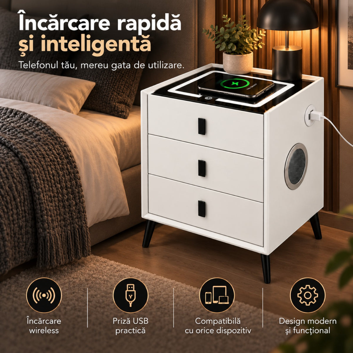Noptiera Multifunctionala cu 3 Sertare, Incarcare Wireless si Boxa Bluetooth, Afisaj LED Tactil cu 3 Culori si 2 Porturi USB, 45x40x60cm