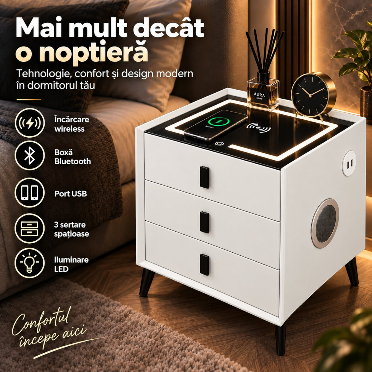 Noptiera Multifunctionala cu 3 Sertare, Incarcare Wireless si Boxa Bluetooth, Afisaj LED Tactil cu 3 Culori si 2 Porturi USB, 45x40x60cm