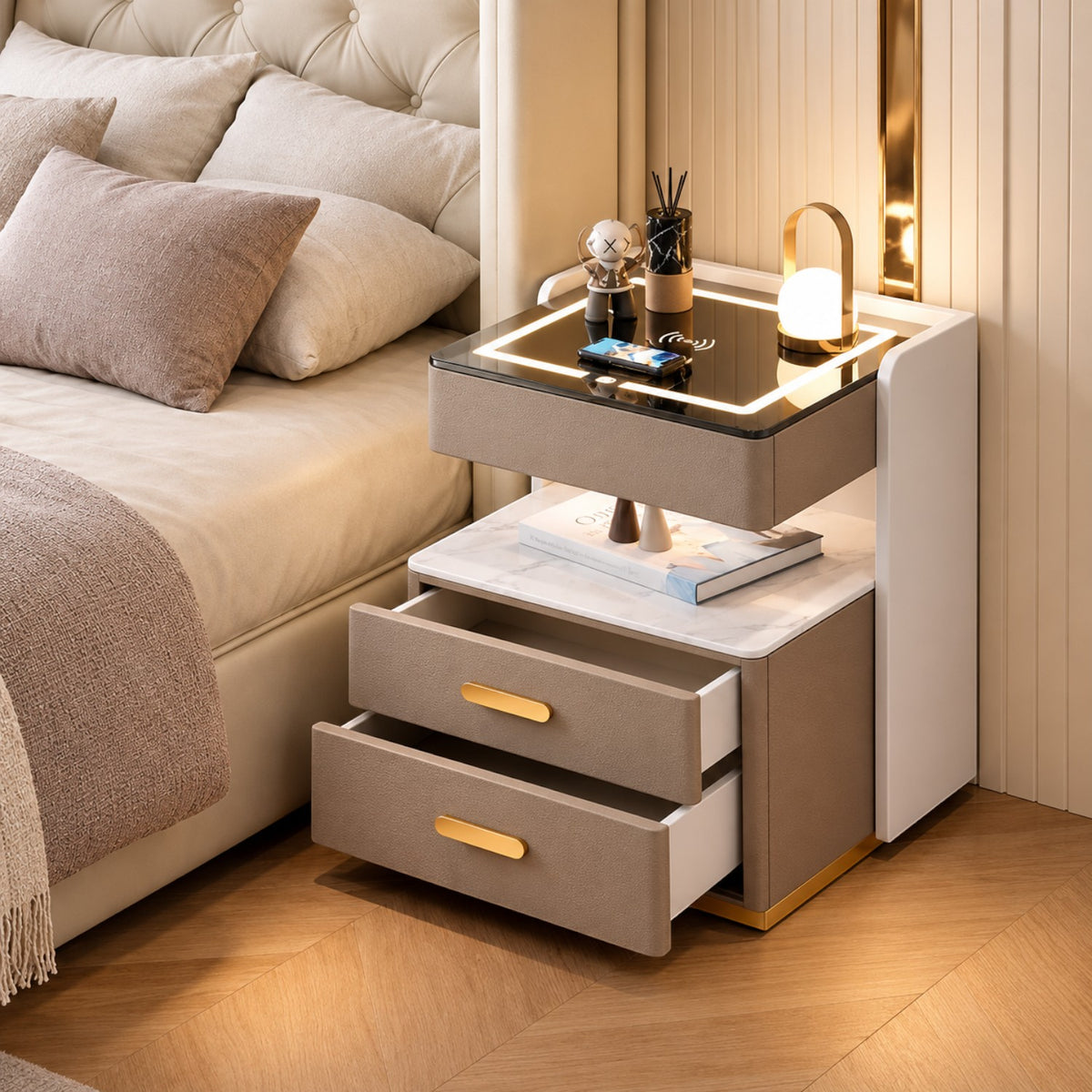 Noptiera Multifunctionala cu 2 Sertare, Spatiu de Depozitare, Blat din Piatra Sinterizata, Incarcare Wireless, Boxa Bluetooth, Port USB, Lumina de Noapte cu Senzor, 56x40x50cm