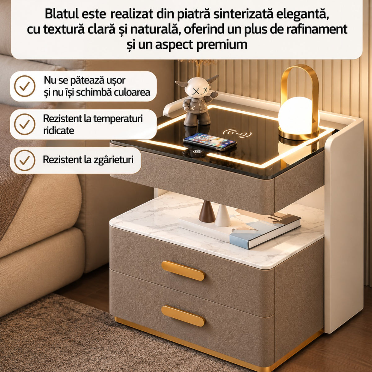 Noptiera Multifunctionala cu 2 Sertare, Spatiu de Depozitare, Blat din Piatra Sinterizata, Incarcare Wireless, Boxa Bluetooth, Port USB, Lumina de Noapte cu Senzor, 56x40x50cm