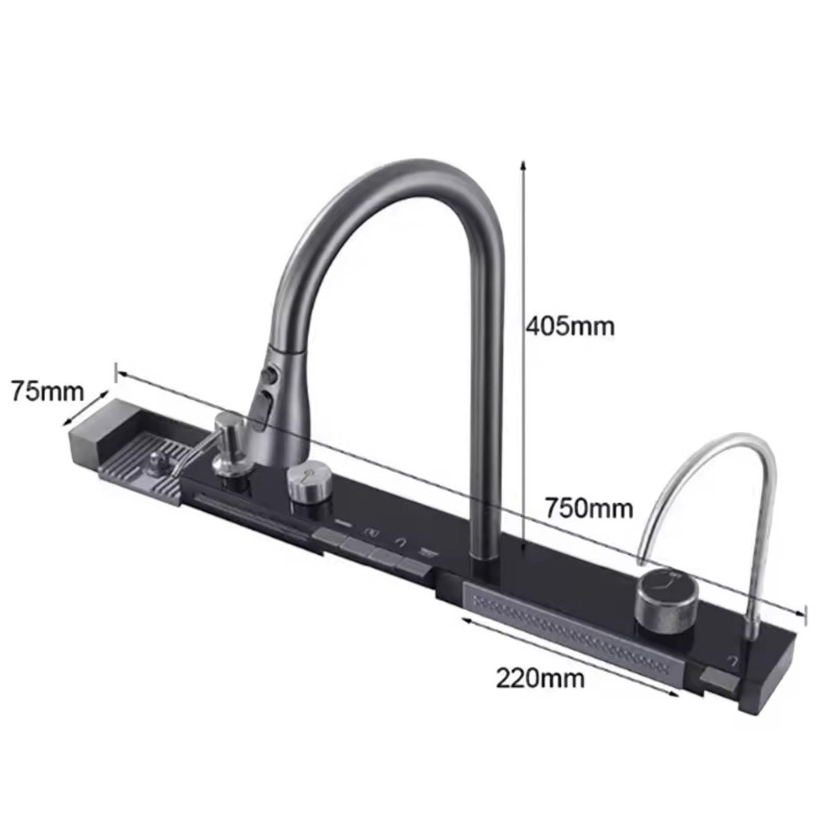 Consola multifunctionala pentru chiuveta, Afisaj digital, LED, 2 cascade, Clatitor pahare si robinet pentru apa filtrata, 750 mm, negru grafit