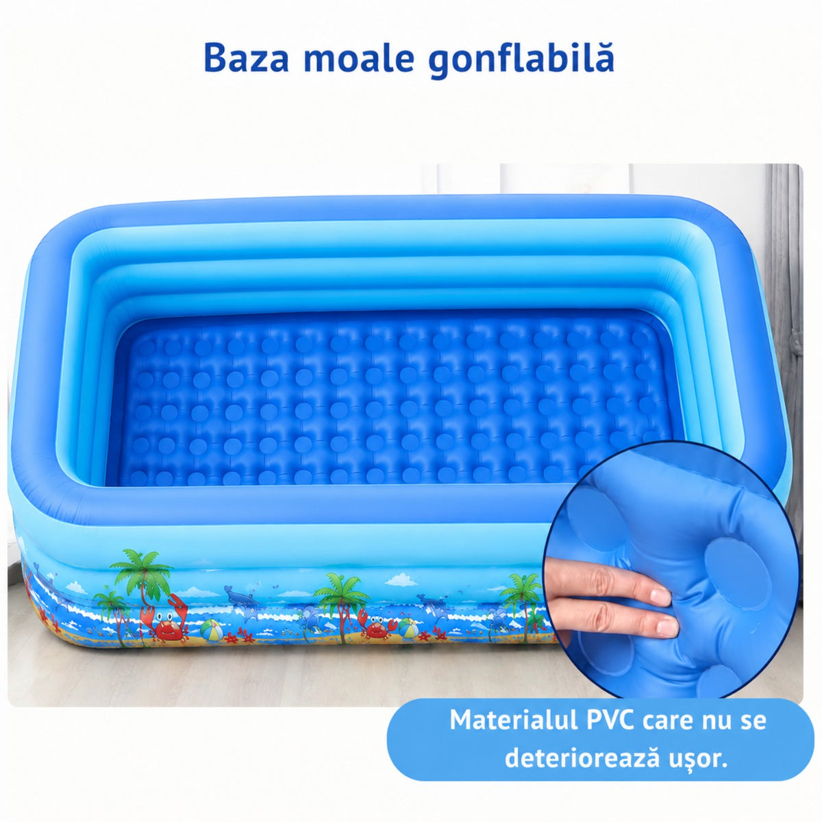 Piscina gonflabila familiala din PVC rezistent, 180x125x54 cm, 3 inele, design tropical, pentru curte si gradina