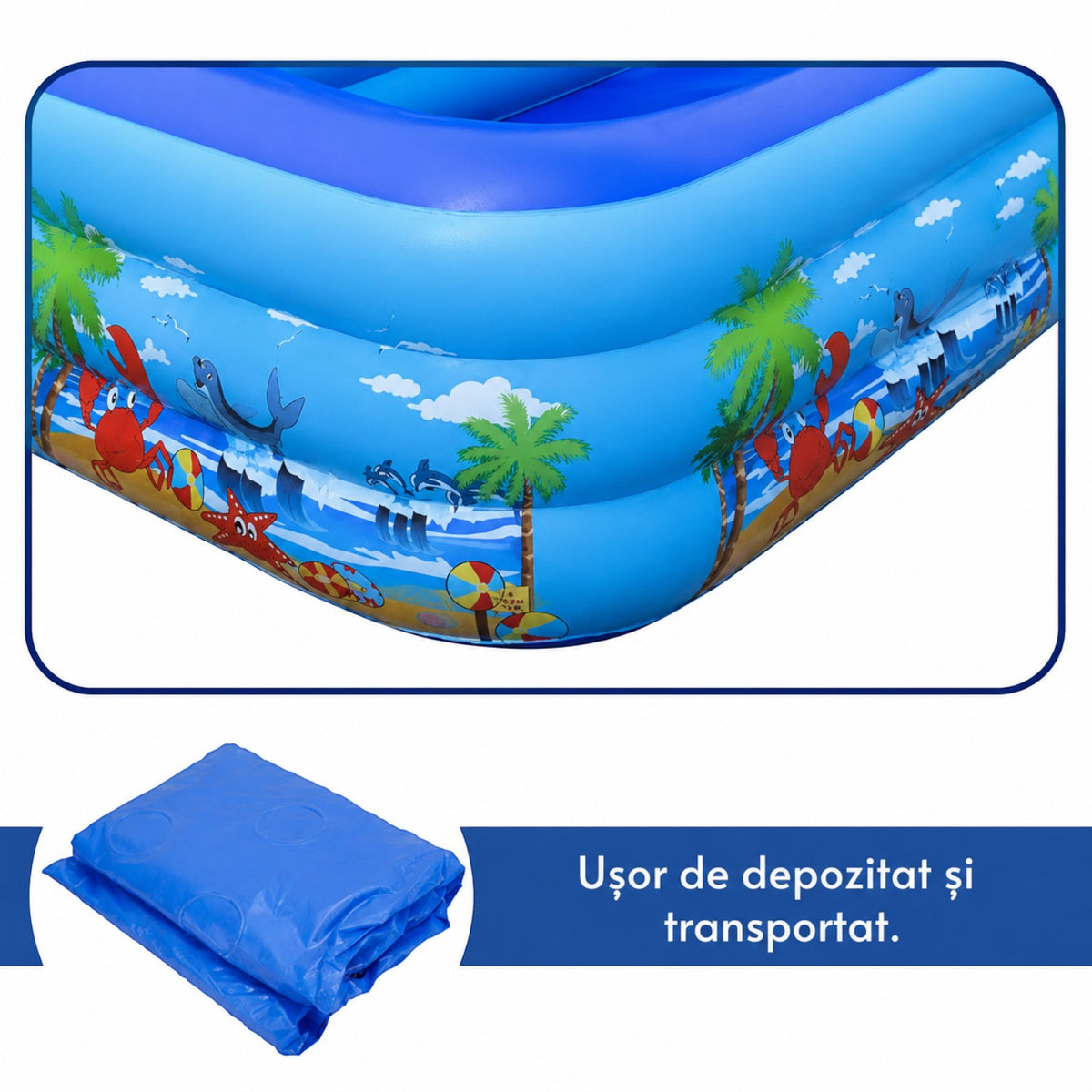 Piscina gonflabila familiala din PVC rezistent, 260x165x54 cm, 3 inele, design tropical, pentru curte si gradina